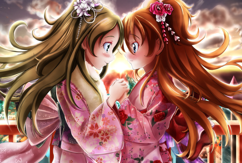 2girls, ballpoint_pen_(medium), blue_eyes, blurry, blurry_background, blush, brown_hair, closed_mouth