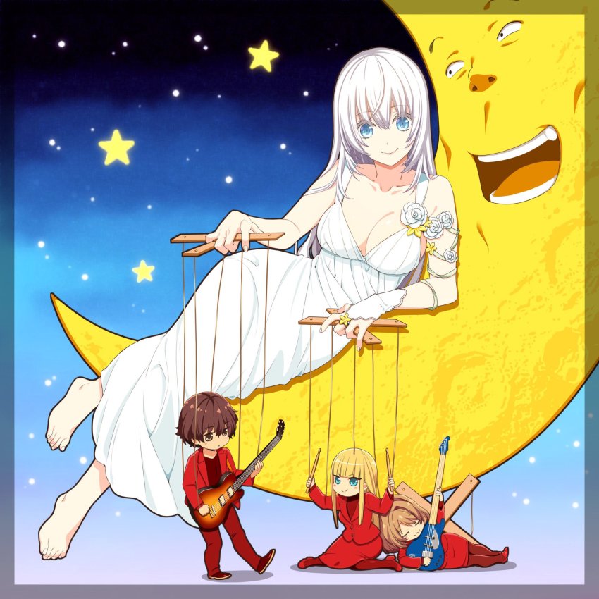 1boy, 3girls, arm_ribbon, arms_up, bare_arms, bare_shoulders, barefoot, blonde_hair, blue_eyes, blunt_bangs, blush, border, breasts, brown_eyes, brown_hair, buttons, chibi, cleavage, closed_mouth, collarbone, commentary_request, controller, crescent_moon, dress, dress_flower, electric_guitar, eyelashes, fingernails, flower, formal_clothes, gloves, green_ribbon, guitar, hair_between_eyes, hanai_mikazuki, high_heels, highres, hime_cut, holding, holding_controller, holding_instrument, holding_mallet, instrument, jacket, kousaka_meguru, large_breasts, light_brown_hair, long_dress, long_hair, long_sleeves, looking_at_another, lying, lying_on_moon, mallet, marionette_controller, moon, multiple_girls, music, musicus!, night, official_art, on_crescent, on_side, open_clothes, open_jacket, open_mouth, pants, parted_bangs, playing_instrument, puppet_strings, red_footwear, red_jacket, red_legwear, red_pants, red_shirt, red_skirt, ribbon, rose, shirt, short_hair, sidelocks, silver_hair, single_glove, sitting, skirt, skirt_suit, sky, sleeveless, sleeveless_dress, smile, standing, standing_on_one_leg, string, suit, sumeragi_kohaku, takahashi_fuuga, teeth, thighhighs, toenails, tsushima_kei, uwu, wariza, white_dress, white_flower, white_gloves, white_rose, yellow_flower