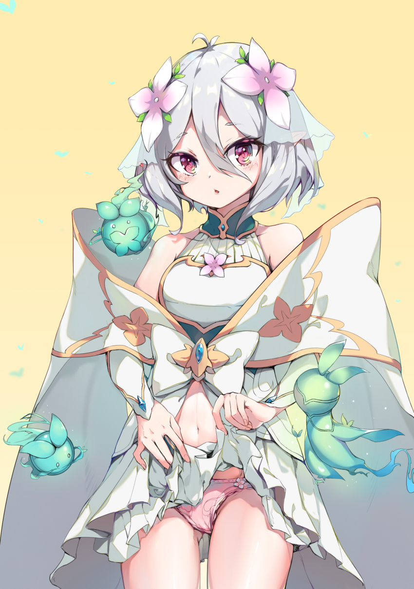 1girl, :o, antenna_hair, bare_shoulders, blush, bow, cape, chinese_commentary, clothes_lift, commentary_request, cowboy_shot, creature, detached_sleeves, flower, gluteal_fold, hair_between_eyes, hair_flower, hair_ornament, highres, kokkoro_(princess_connect!), layered_skirt, leaf, lifting_own_clothes, long_sleeves, longzi_(lez), looking_at_viewer, navel, panties, parted_lips, pink_flower, pink_panties, pointy_ears, princess_connect!, purple_eyes, short_hair, silver_hair, simple_background, skirt, skirt_lift, solo, underwear, upskirt, white_bow, white_cape, white_skirt, yellow_background