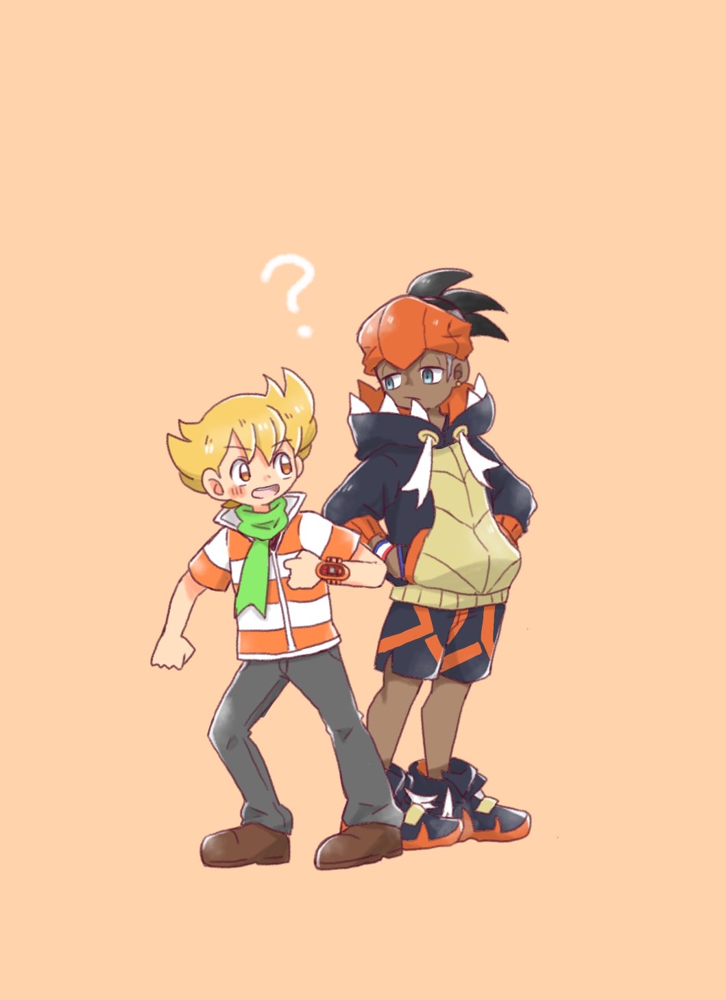 >, 2boys, barry_(pokemon), black_hair, blonde_hair, dark_skin, green_scarf, hand_in_pocket