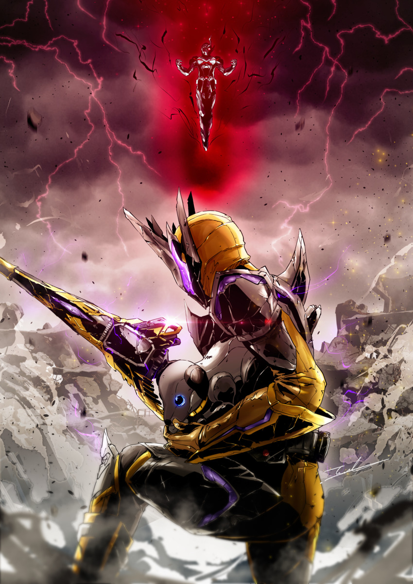 animal, aura, battlefield, cloud, cloudy_sky, crack, dog, dust_cloud, flying, highres, holding, holding_animal, holding_dog, kamen_rider, kamen_rider_01_(series), kamen_rider_ark-zero, kamen_rider_thouser, lightning, robot_animal, robot_dog, signature, sky, sword, taka-f, weapon