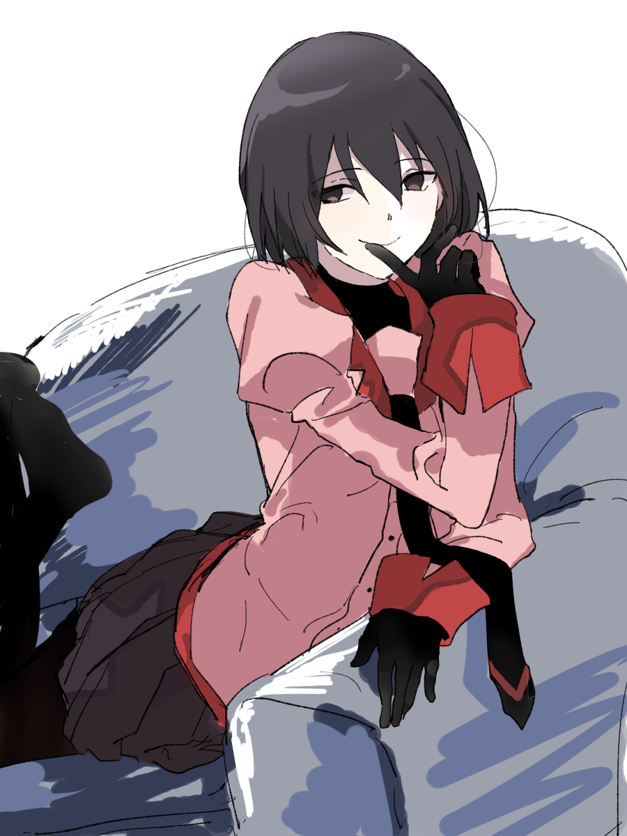 1girl, arm_support, armchair, black_gloves, black_hair, black_necktie, black_pantyhose, bob_cut