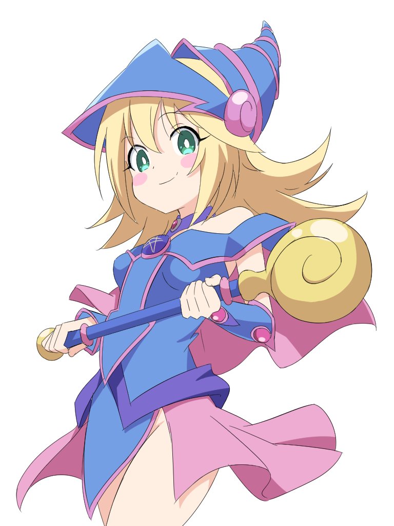 1girl, bad_id, bad_twitter_id, blonde_hair, blue_hat, blush_stickers, bracer, bright_pupils, closed_mouth, clothing_cutout, commentary, cowboy_shot, dark_magician_girl, dress, duel_monster, green_eyes, hat, holding, holding_staff, ilyfon133, jewelry, long_hair, looking_at_viewer, pendant, short_dress, shoulder_cutout, simple_background, smile, solo, staff, standing, star_(symbol), white_background, white_pupils, wizard_hat, yu-gi-oh!, yu-gi-oh!_duel_monsters