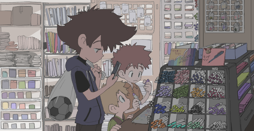 3boys, art_supplies, artbook, ball, blonde_hair, blue_eyes, blue_hoodie, bookshelf, box, brown_eyes, brown_hair, cellphone, copic_(brand), digimon, digimon_adventure, green_shirt, highres, hood, hoodie, izumi_koshiro, looking_at_phone, multiple_boys, muted_color, orange_shirt, phone, red_hair, shelf, shirt, shop, sketch, slice_of_life, soccer_ball, spiked_hair, stationery, takaishi_takeru, tantanmen, thick_eyebrows, yagami_taichi