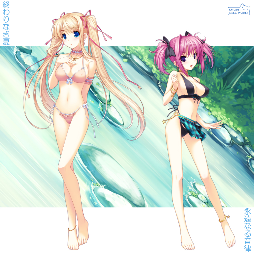 2girls, anklet, armband, bad_id, bad_pixiv_id, barefoot, bikini, bikini_skirt, blonde_hair, blue_eyes, breasts, cleavage, feet, full_body, highres, jewelry, koshino_karen, large_breasts, legs, lieselotte_schreiber, long_hair, long_legs, medium_breasts, multiple_girls, neck_ring, owari_naki_natsu_towa_naru_shirabe, pink_hair, purple_eyes, sayori_(neko_works), short_hair, side-tie_bikini_bottom, strap_gap, swimsuit, translated, twintails