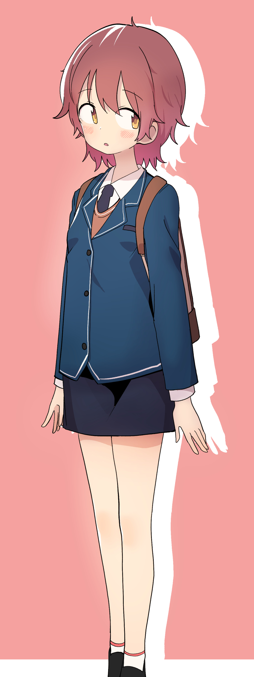 1girl, absurdres, black_skirt, blazer, blush, brown_eyes, brown_hair, bural_chingu, flat_chest, han_yu-ri, highres, jacket, luke_(dydansgur), miniskirt, necktie, aged_up, school_uniform, skirt, solo