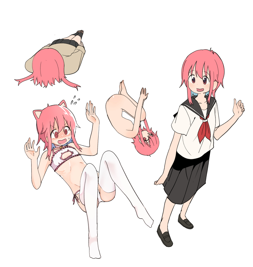 1girl, @_@, absurdres, animal_ears, bell, black_skirt, bra, bural_chingu