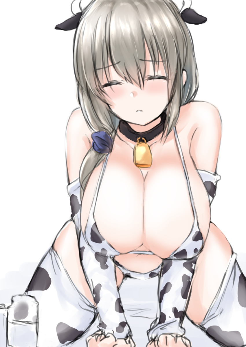 1girl, all_fours, animal_ears, animal_print, bare_shoulders, bell, bikini, breasts