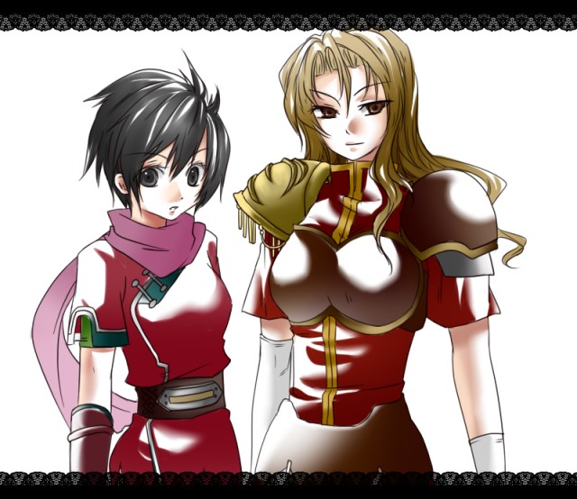 2girls, armor, bad_id, bad_pixiv_id, black_eyes, black_hair, blonde_hair, breasts
