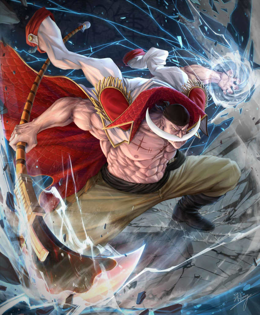 1boy, abs, bandana, bare_arms, biceps, boots, coat, collarbone, crack, cracked_floor, edward_newgate, energy, facial_hair, fighting_stance, highres, holding, holding_weapon, jacket, jacket_on_shoulders, jian_liang, male_focus, manly, muscular, muscular_male, mustache, nipples, old, old_man, one_piece, pants, pectorals, scar, serious, signature, solo, stomach, topless_male, weapon