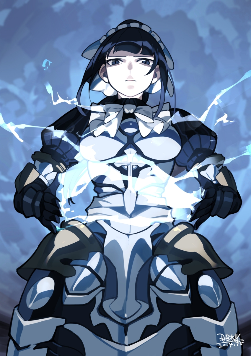1girl, absurdres, armor, black_eyes, black_hair, blunt_bangs, character_request, closed_mouth