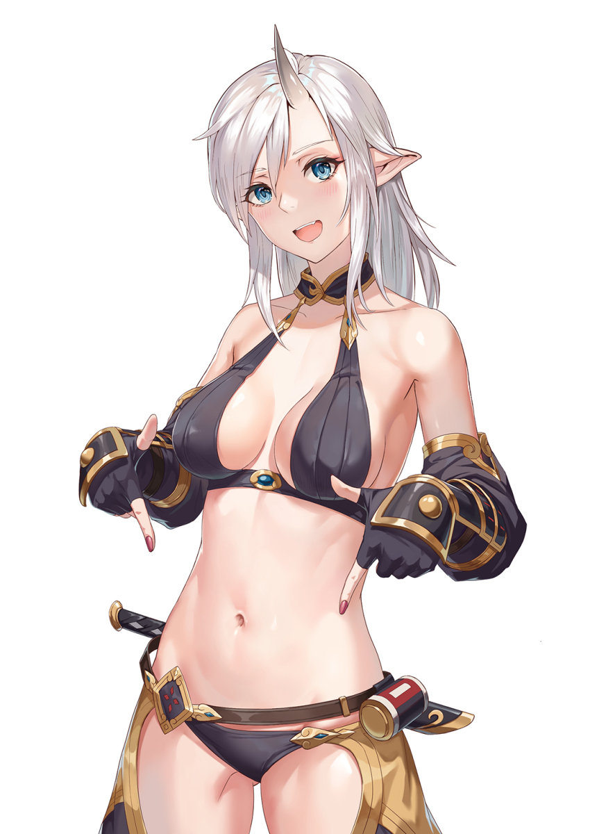 1girl, :d, bikini, black_bikini, blue_eyes, blush, breasts, chaps