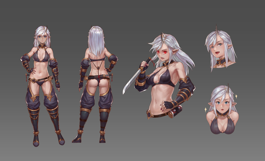 1girl, armor, ass, bare_shoulders, blue_eyes, blush, breasts, reference_sheet