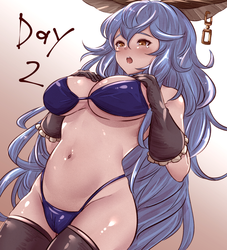1girl, alternate_breast_size, animal_ears, asakura_aoshi, bad_id, bad_pixiv_id, bare_shoulders, bikini, blue_hair, blush, breast_expansion, breasts, choker, collarbone, earrings, erune, ferry_(granblue_fantasy), frilled_gloves, frills, gloves, granblue_fantasy, jewelry, large_breasts, long_hair, navel, open_mouth, shiny_skin, skindentation, solo, swimsuit, tearing_up, thighhighs, very_long_hair, yellow_eyes