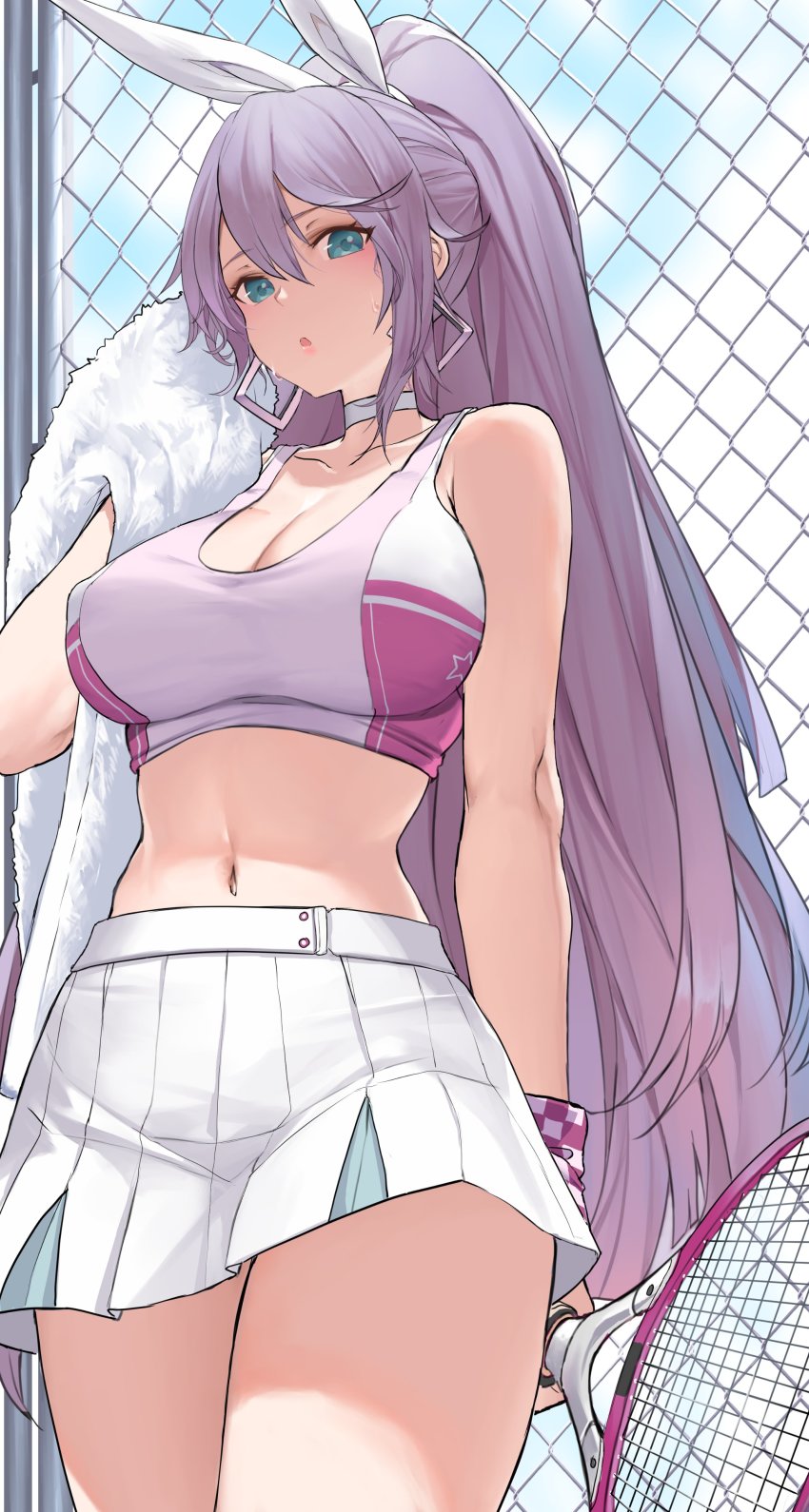 1girl, :o, absurdres, against_fence, alternate_costume, azur_lane, bare_shoulders, blue_eyes, blush, breasts, bremerton_(azur_lane), bremerton_(azur_lane)_(cosplay), bremerton_(scorching-hot_training)_(azur_lane), chain-link_fence, cleavage, collarbone, cosplay, dishwasher1910, fence, from_below, hair_ribbon, high_ponytail, highres, holding, holding_racket, holding_towel, intrepid_(azur_lane), large_breasts, long_hair, looking_at_viewer, looking_down, midriff, navel, pleated_skirt, ponytail, purple_hair, racket, ribbon, skirt, solo, sports_bra, sweat, tennis_racket, towel, very_long_hair, white_ribbon, white_skirt, wiping_face