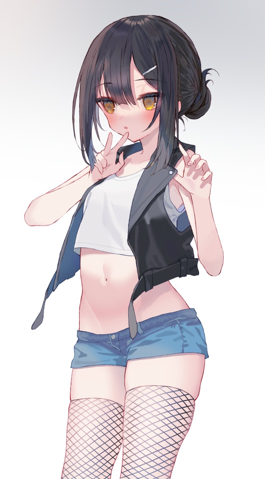 1girl, absurdres, armpit_crease, bare_arms, bare_shoulders, black_hair, black_vest, blue_shorts, cowboy_shot, crop_top, fate/kaleid_liner_prisma_illya, fate_(series), fishnet_thighhighs, fishnets, groin, hair_ornament, hairclip, hands_up, highres, looking_at_viewer, midriff, miyu_edelfelt, miyu_edelfelt_(medicos), navel, parted_lips, shirt, short_shorts, shorts, simple_background, skindentation, sleeveless, sleeveless_shirt, solo, standing, stomach, thighhighs, thighs, tomo_(ryo_i_so_), v, vest, white_background, white_shirt, yellow_eyes