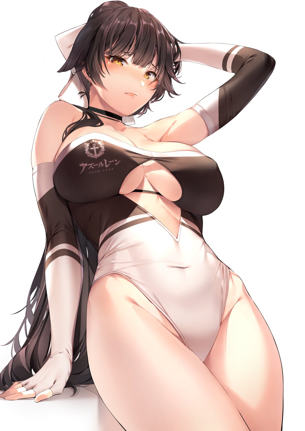 1girl, amagimei, arm_support, azur_lane, bare_shoulders, black_hair, blush, bow