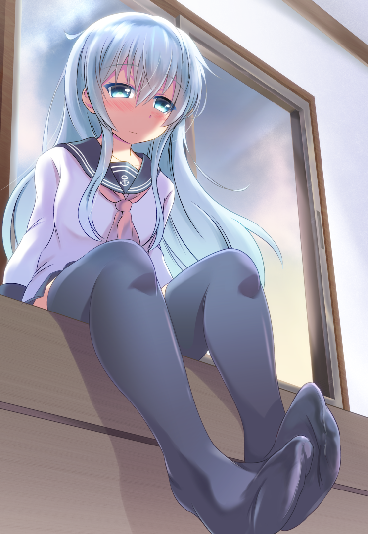 1girl, black_skirt, black_thighhighs, blue_eyes, blush, cloud, feet, hibiki_(kancolle), indoors, kantai_collection, laika_(s4005146), long_hair, looking_at_another, no_shoes, school_uniform, serafuku, shirt, silver_hair, sitting, skirt, sky, thighhighs, wall, wavy_mouth, white_shirt, window