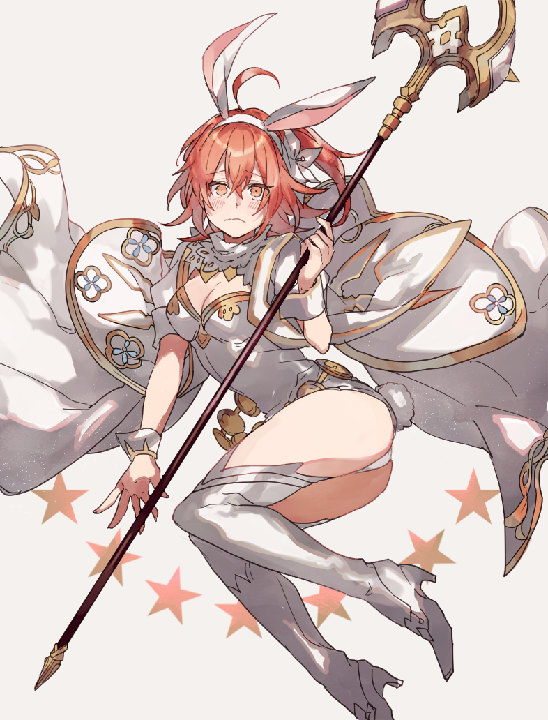 1girl, animal_ears, blush, breasts, cleavage, closed_mouth, cosplay, crossed_bangs