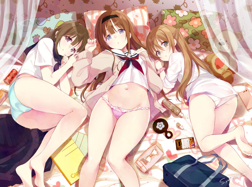 3girls, ass, bag, bare_legs, barefoot, blue_eyes, blush, bottle