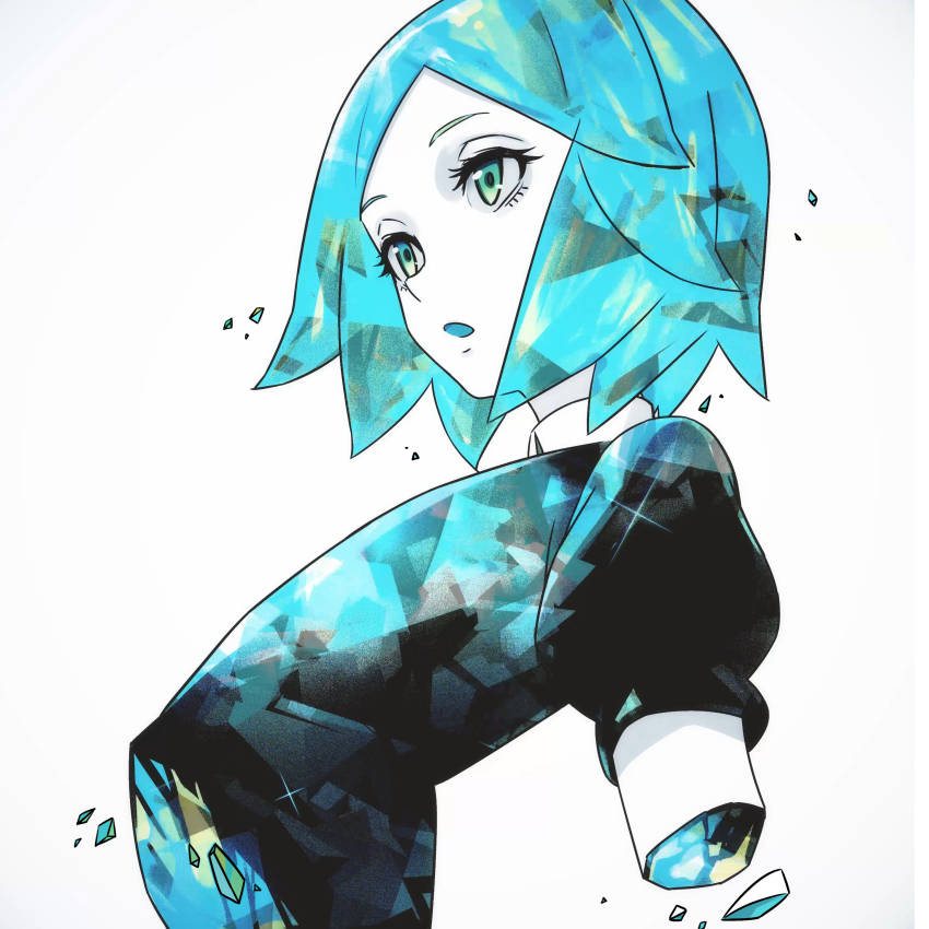 1other, absurdres, aqua_eyes, aqua_hair, black_shirt, collar, highres, houseki_no_kuni