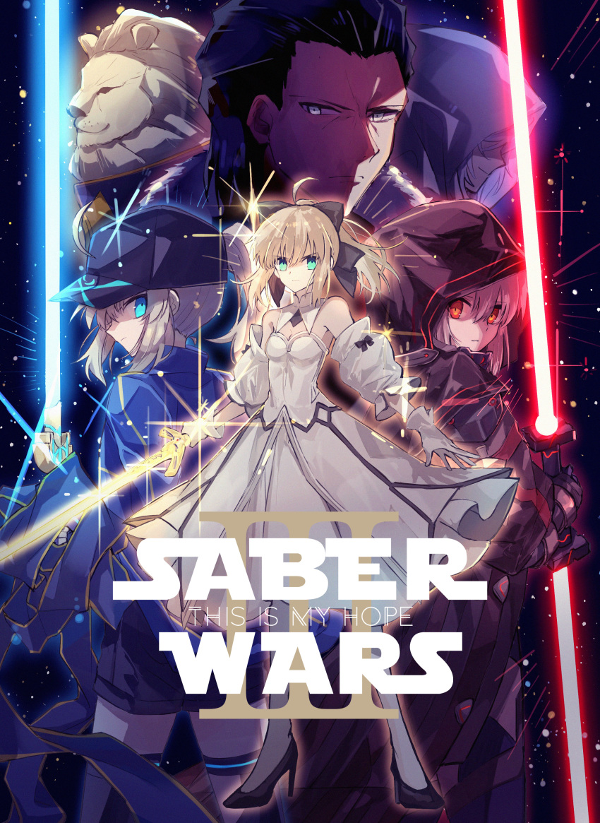 3boys, 3girls, absurdres, ahoge, artoria_pendragon_(fate), bare_shoulders, baseball_cap, blonde_hair