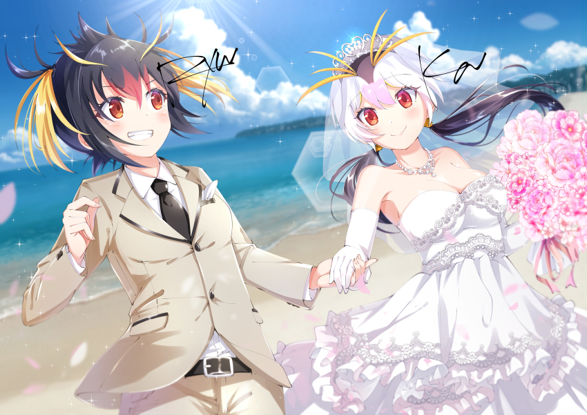 2girls, absurdres, antenna_hair, bare_shoulders, beach, belt, black_hair, blush