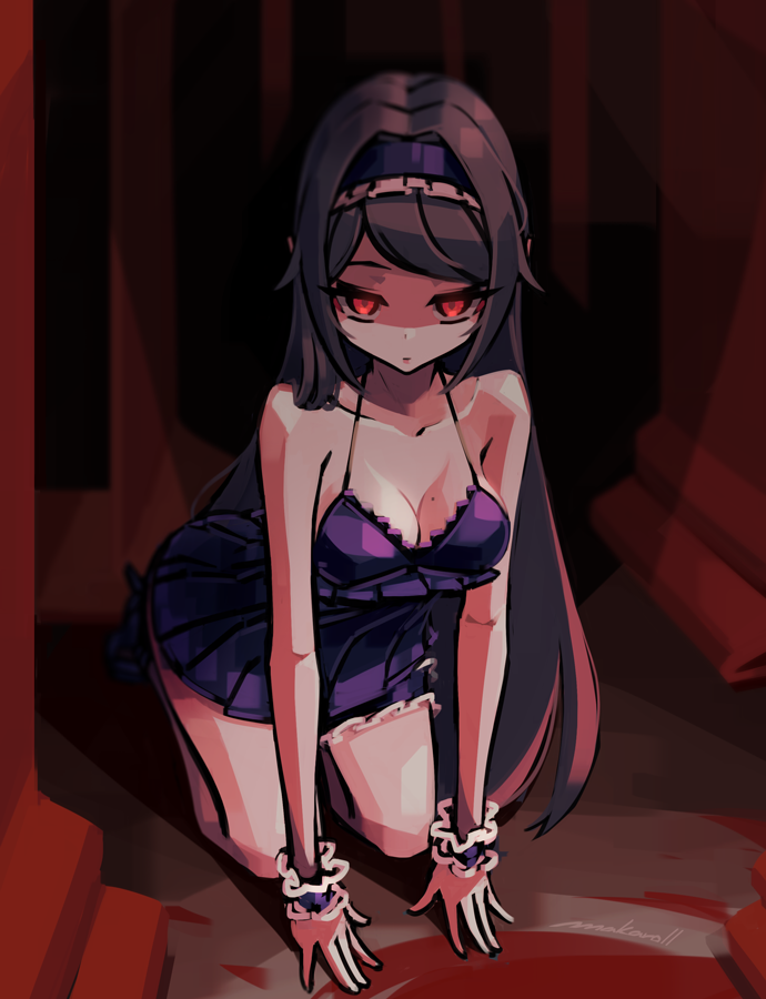 1girl, all_fours, arched_back, armpit_crease, artist_name, babydoll, bare_shoulders, blood