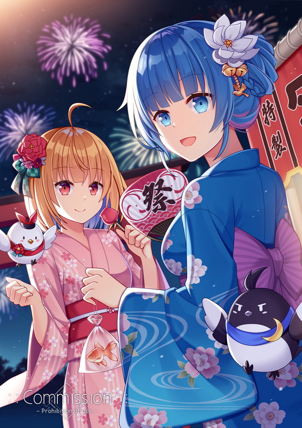 2girls, :d, aerial_fireworks, ahoge, animal, baggy_pants, bell, blue_eyes