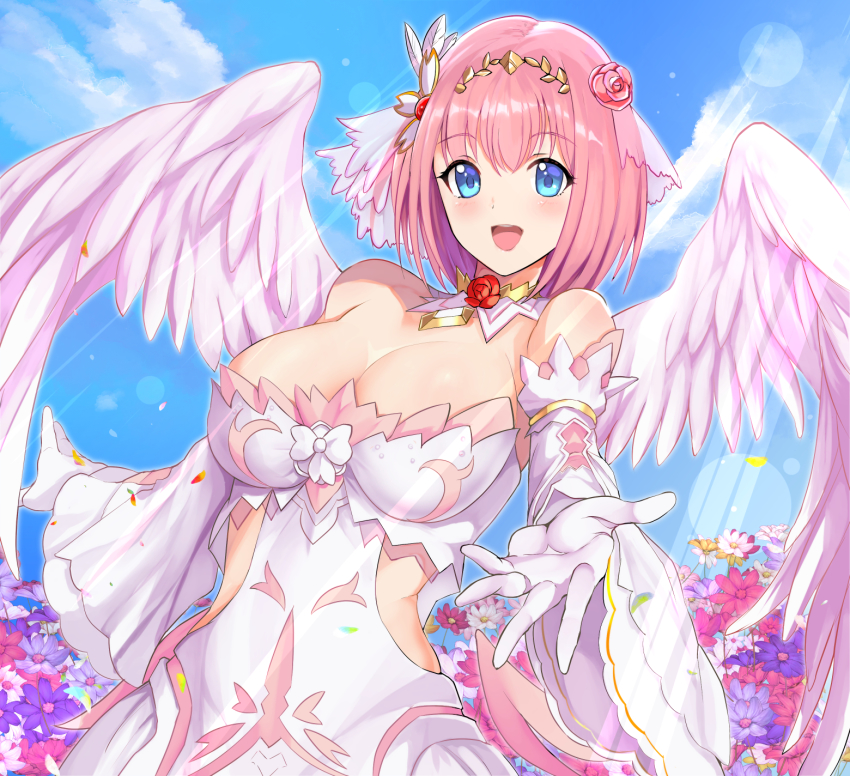 1girl, angel_wings, bare_shoulders, blue_eyes, bob_cut, breasts, choker, cleavage