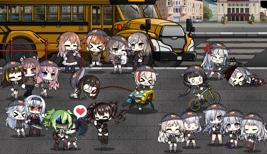 >_<, 404_(girls'_frontline), 6+girls, aged_down, ak-12_(girls'_frontline), ak-15_(girls'_frontline), an-94_(girls'_frontline), angry, anti-rain_(girls'_frontline), apron, banana_(girls'_frontline), bicycle, bus, cellphone, character_request, chibi, closed_eyes, crosswalk, defy_(girls'_frontline), denim, dragging, floating, g11_(girls'_frontline), girls'_frontline, girls'_frontline_neural_cloud, gloves, hat, highres, hk416_(girls'_frontline), holding_hands, jeans, kindergarten_uniform, knife, m16a1_(girls'_frontline), m4_sopmod_ii_(girls'_frontline), m4a1_(girls'_frontline), m950a_(girls'_frontline), multiple_girls, pa-15_(girls'_frontline), pants, persica_(girls'_frontline), phone, riding, riding_bicycle, ro635_(girls'_frontline), road, rpk-16_(girls'_frontline), saf_(girls'_frontline), scarecrow_(girls'_frontline), school_bus, school_hat, shaded_face, smartphone, springfield_(girls'_frontline), st_ar-15_(girls'_frontline), street, sweatdrop, the_mad_mimic, thunder_(girls'_frontline), ump40_(girls'_frontline), ump45_(girls'_frontline), ump9_(girls'_frontline)