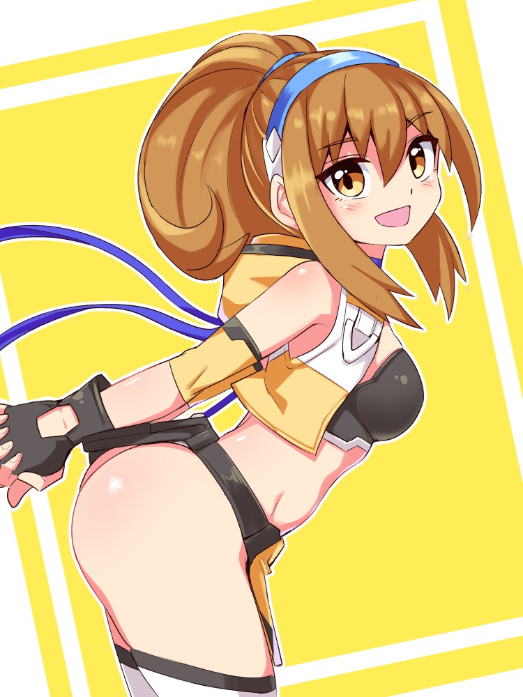1girl, ass, azure_striker_gunvolt, black_gloves, blush, breasts, brown_eyes, brown_hair, commentary_request, cougar_(cougar1404), fanny_pack, from_side, gloves, gunvolt_chronicles_luminous_avenger_ix, hair_between_eyes, high_ponytail, hood, hooded_jacket, jacket, kohaku_(gunvolt), medium_breasts, midriff, no_panties, open_mouth, ponytail, sidelocks, smile, solo, yellow_jacket