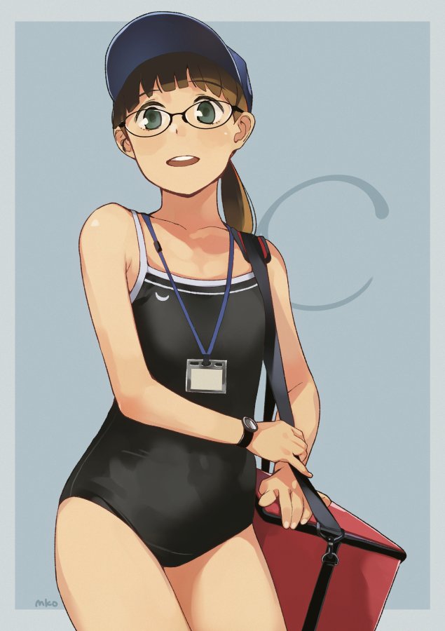 1girl, alternate_costume, bag, black_one-piece_swimsuit, blue_hat, blunt_bangs, blush, brown_hair