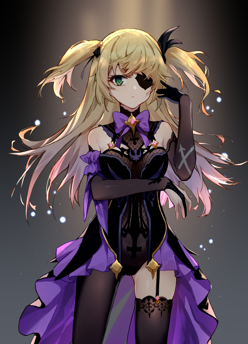 1girl, absurdres, arm_garter, arm_under_breasts, bare_shoulders, black_gloves, black_leotard, black_thighhighs