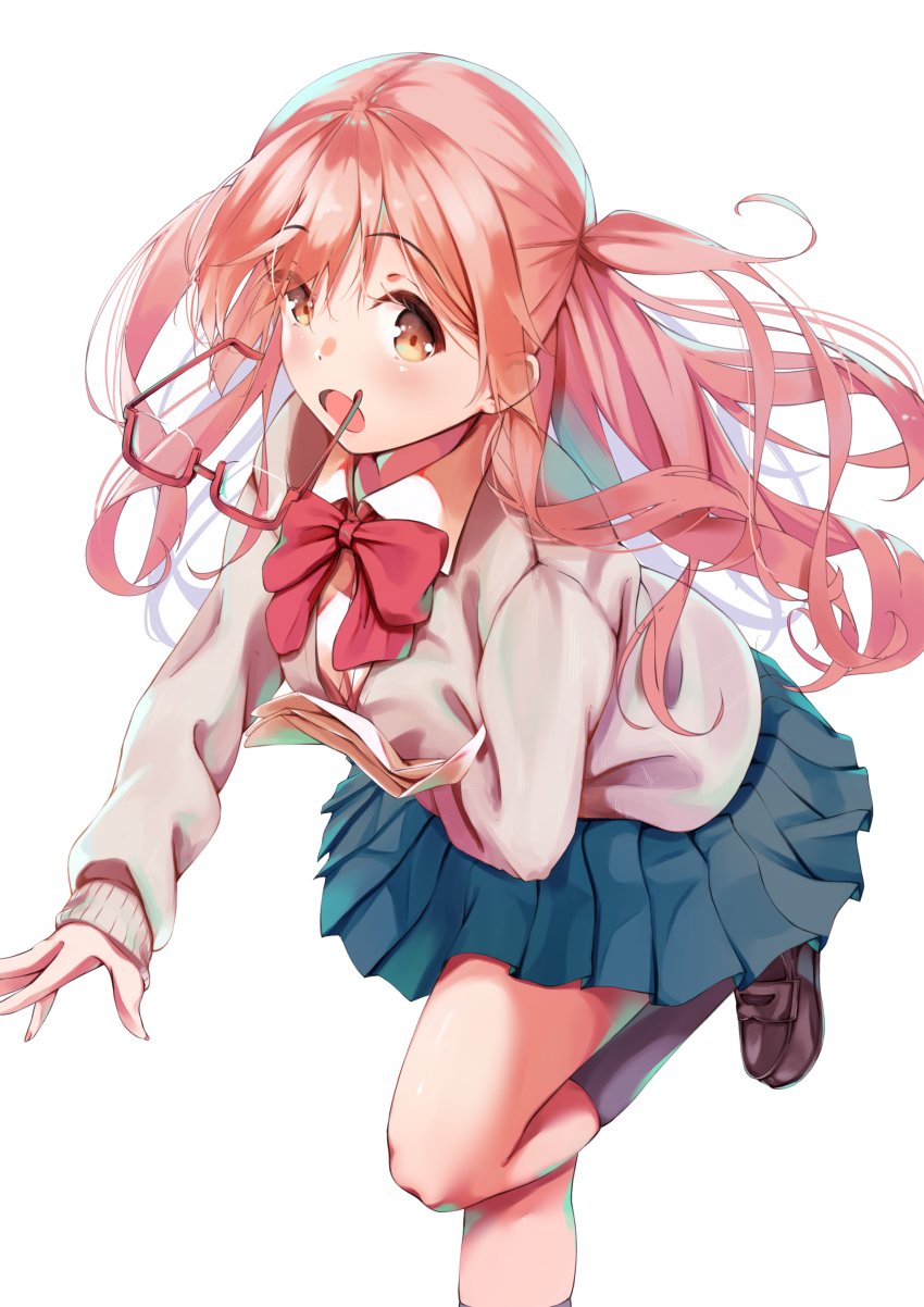 1girl, :o, absurdres, black_footwear, black_socks, blue_skirt, brown_eyes, unworn_eyewear