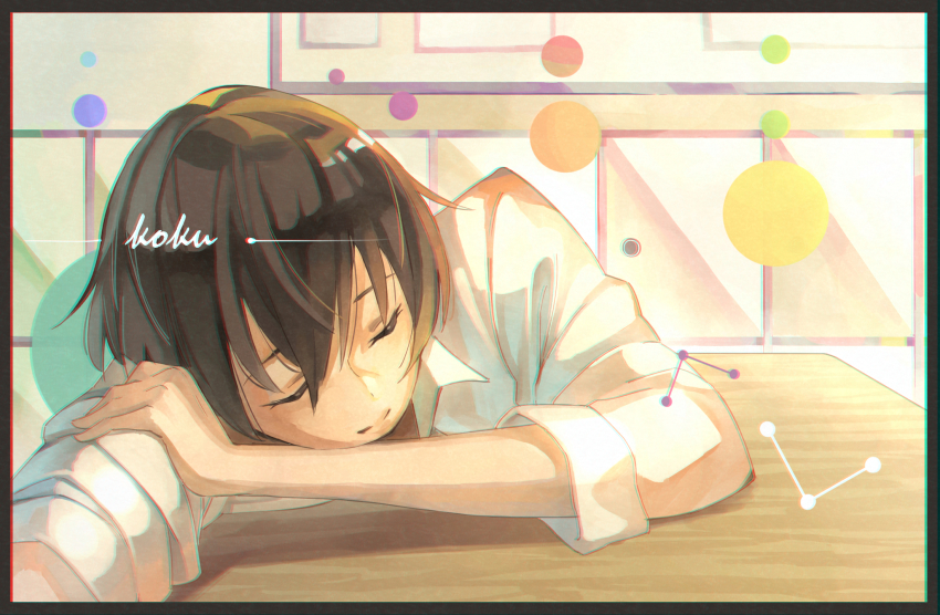 1boy, artist_name, black_hair, bulletin_board, circle, desk, highres, indoors