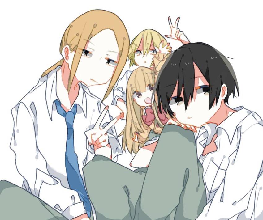 2boys, 2girls, :d, :o, bad_id, bad_pixiv_id, black_hair, blonde_hair