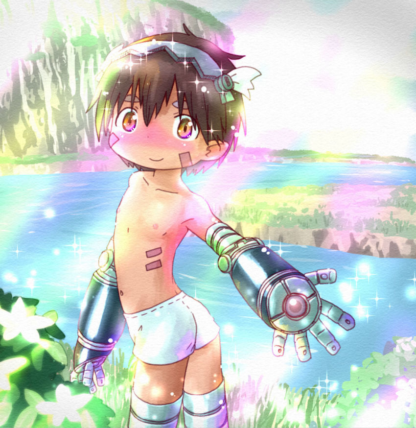 1boy, blush, brown_eyes, brown_hair, day, hair_ornament, highres, little_sound, made_in_abyss, male_focus, mechanical_arms, nipples, outdoors, outstretched_hand, reg_(made_in_abyss), robot, smile, solo, standing, topless_male, twisted_torso, water