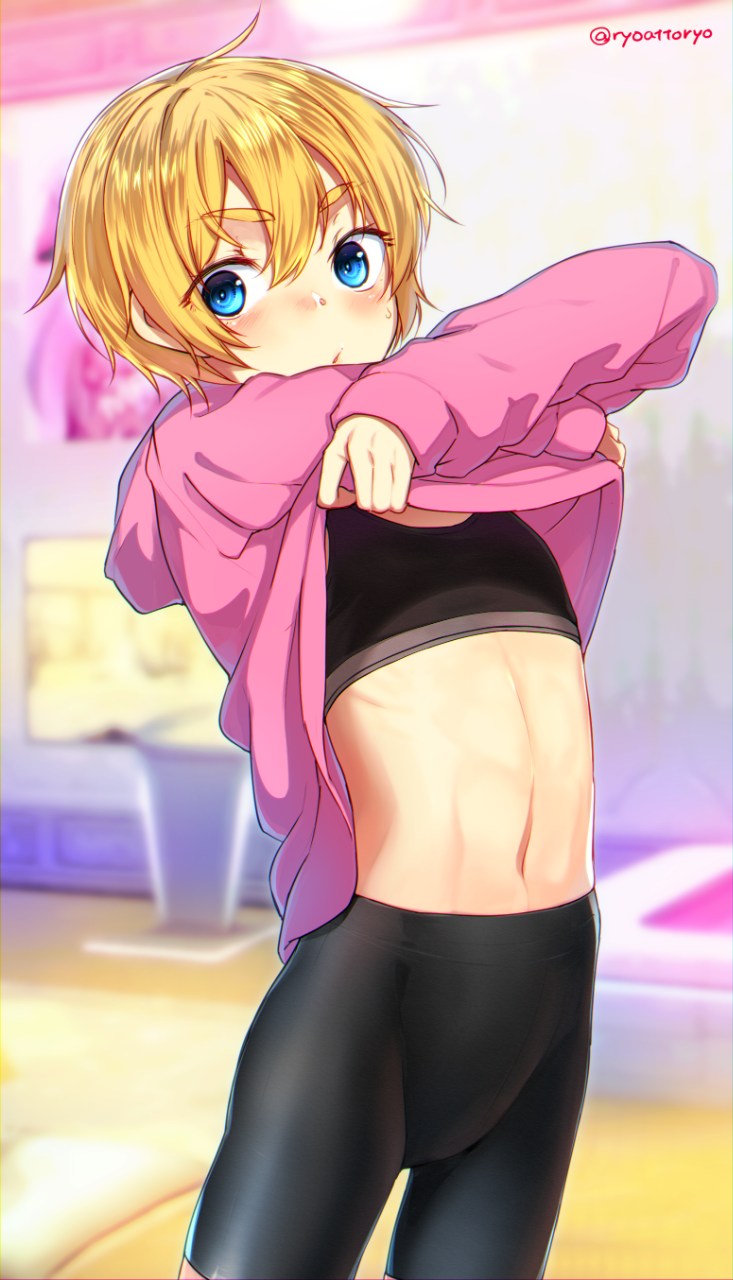 1girl, androgynous, bike_shorts, blonde_hair, blue_eyes, blurry, blush, clothes_lift, depth_of_field, female_focus, flat_chest, highres, hood, hoodie, hoodie_lift, indoors, iris_(ryou@ryou), navel, original, ryou@ryou, short_hair, solo, sports_bra, twitter_username, undressing