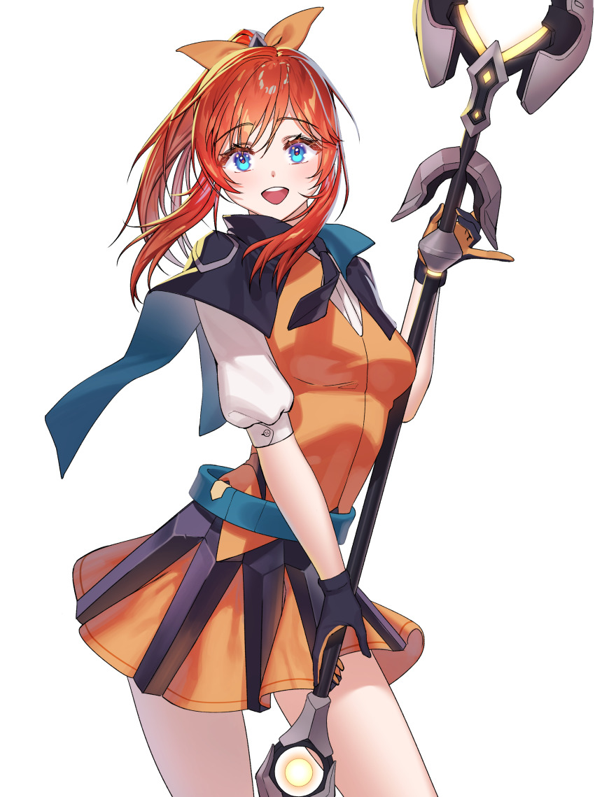 1girl, absurdres, battle_academia_lux, black_gloves, black_necktie, blue_eyes, blush, bow, gloves, glowing, hair_between_eyes, hair_bow, highres, holding, holding_staff, league_of_legends, long_hair, lux_(league_of_legends), multicolored_gloves, necktie, open_mouth, orange_bow, orange_gloves, orange_hair, ponytail, simple_background, smile, solo, staff, teeth, upper_body, white_background, zelato