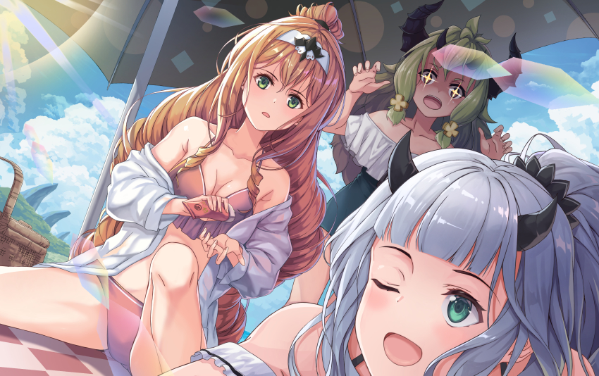 3girls, ;d, absurdres, alencia_(epic_seven), alternate_eye_color, applying_sunscreen, aunt_and_niece, bare_shoulders