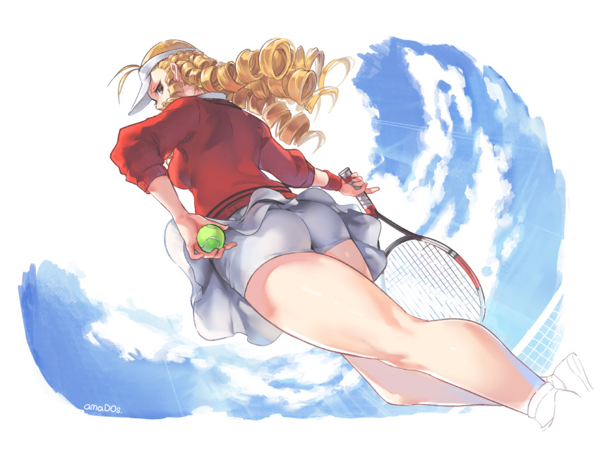 1girl, ahoge, alternate_costume, amado_(shin), artist_name, ass, ass_focus, ball, bike_shorts, blonde_hair, breasts, brown_eyes, cloud, day, drill_hair, feet_out_of_frame, holding, holding_ball, kanzuki_karin, long_hair, looking_at_viewer, medium_breasts, outdoors, racket, short_shorts, shorts, shorts_under_skirt, skirt, sky, solo, sportswear, street_fighter, street_fighter_v, sun_visor, tennis_ball, tennis_racket, tennis_uniform, watermark