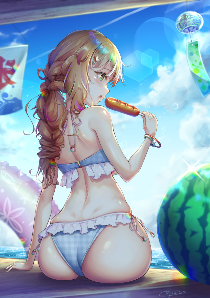 1boy, ass, bare_shoulders, bikini, blonde_hair, blush, food, frankfurter, from_behind, fruit, hair_ornament, hairclip, highres, huge_ass, long_hair, low_tied_hair, natsusora_wakana, novady, open_mouth, original, shiny_skin, sitting, solo, swimsuit, trap, watermelon