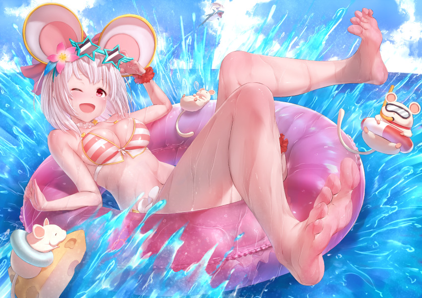 1girl, animal_ears, bare_legs, bare_shoulders, barefoot, bikini, cheese, fake_animal_ears