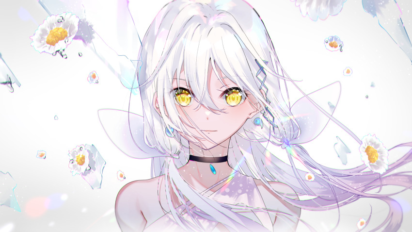 1girl, black_choker, choker, closed_mouth, daisy_(flower), diffraction_spikes, dress, earrings, floating_hair, flower, hair_between_eyes, jewelry, looking_at_viewer, low_twintails, miwano_rag, off_shoulder, portrait, qualia_qu, re:act, silver_hair, simple_background, solo, sparkle, standing, sun_flare, twintails, virtual_youtuber, white_background, white_dress, white_flower, wind, yellow_eyes