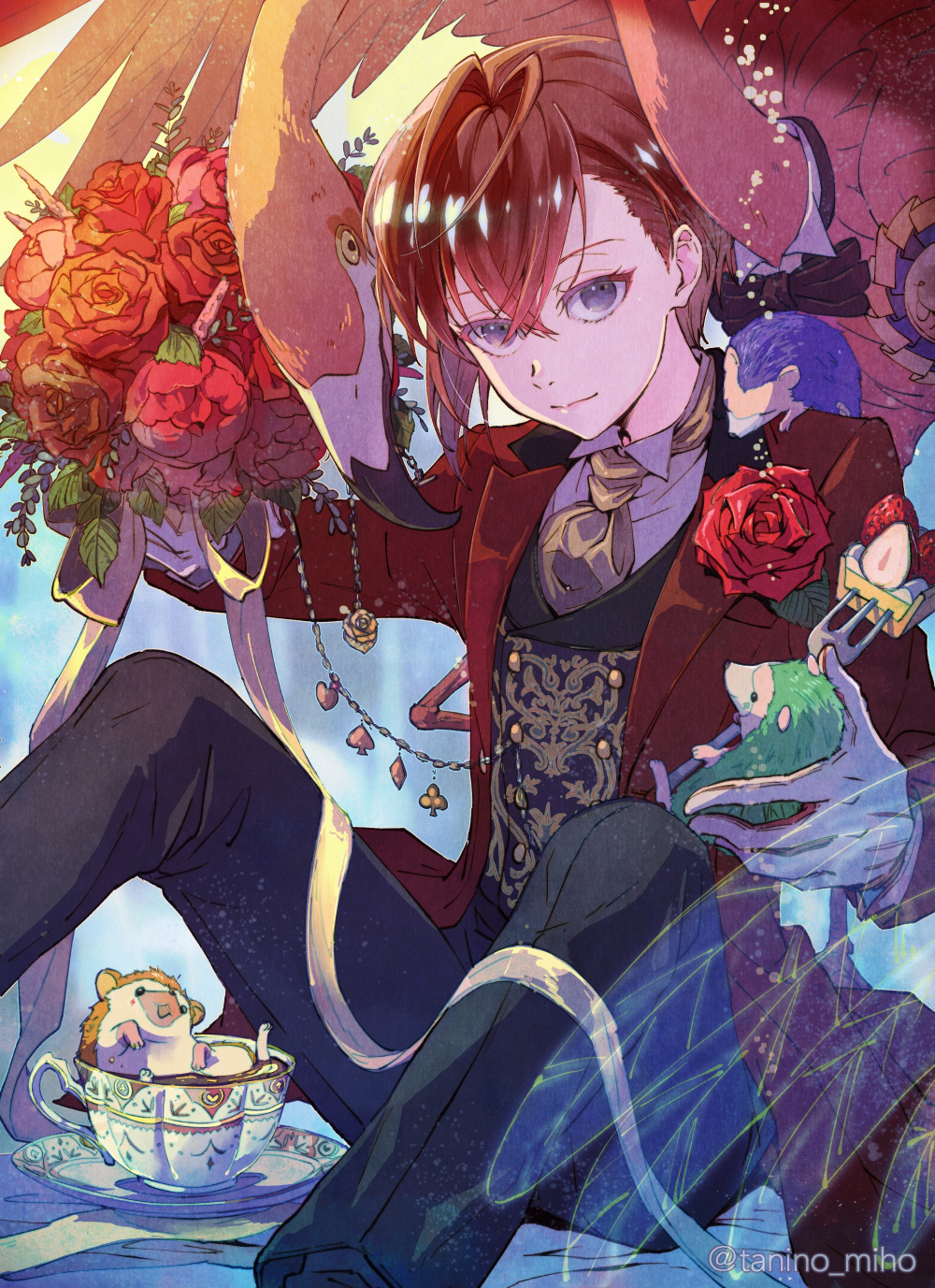 1boy, bird, blue_eyes, bouquet, cup, flamingo, flower, food