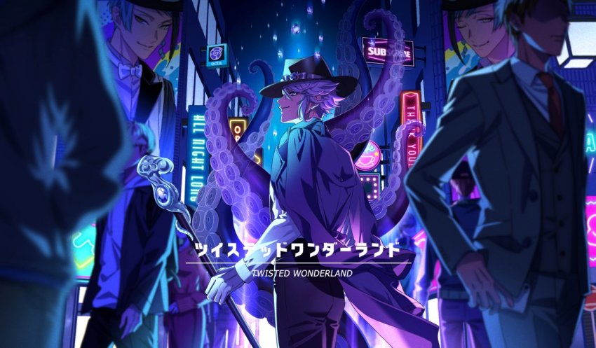 3boys, azul_ashengrotto, blue_eyes, city, city_lights, collared_shirt, floyd_leech, green_hair