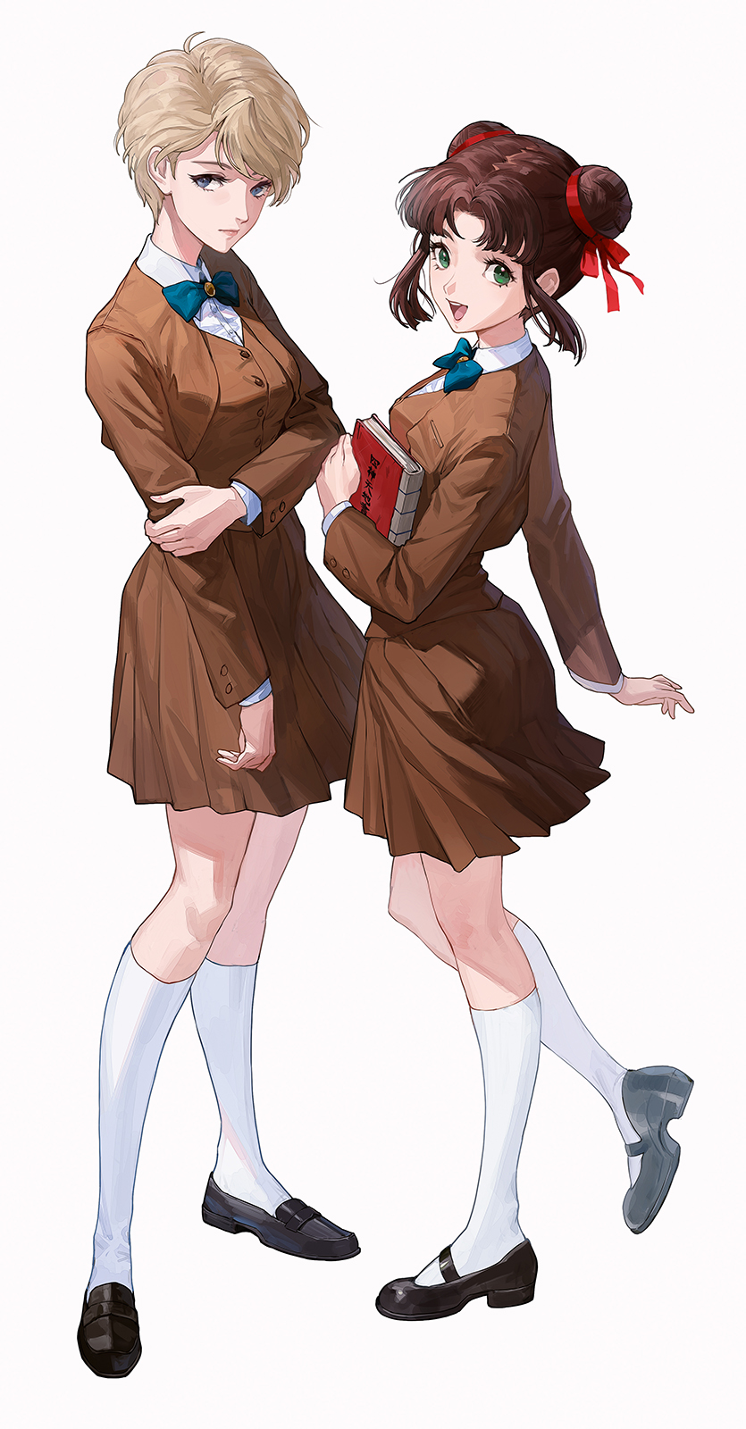 2girls, blonde_hair, blue_bow, blue_eyes, book, bow, brooch, brown_hair