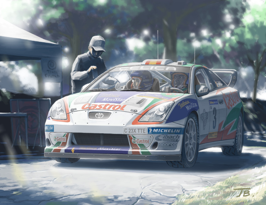 3boys, car, glasses, helmet, jettoburikku, looking_to_the_side, motor_vehicle, multiple_boys