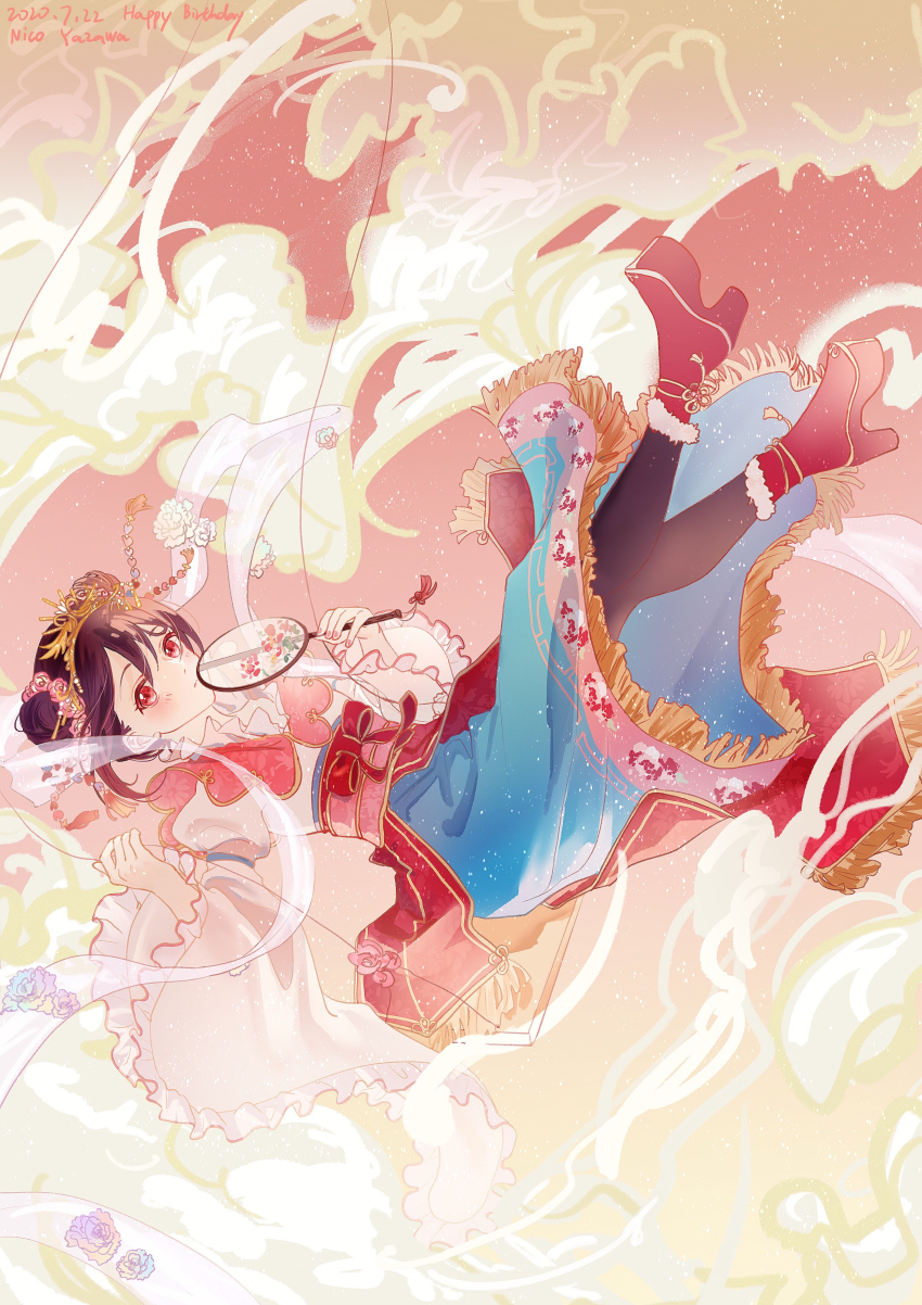 1girl, absurdres, aqua_kimono, artist_name, artist_request, black_hair, blush, bow